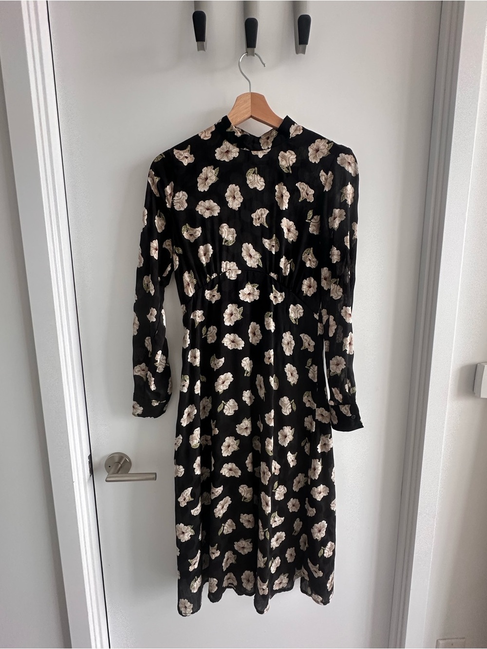 Zara Black Floral Long Sleeve Midi Dress